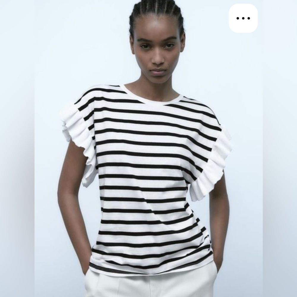 ZARA | Black White Striped Ruffle Sleeve Boxy Tee Sz M